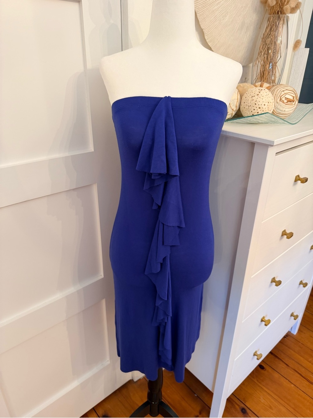 Rachel Pally Strapless Royal Blue Ruffle Front Midi Dress